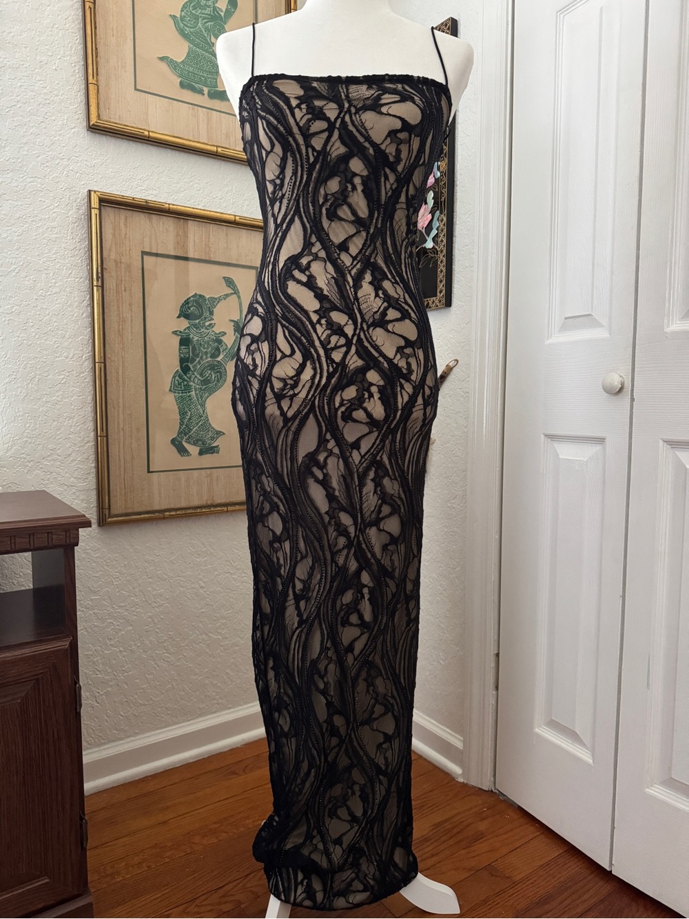 Fashion Nova Sheer Lace Maxi Dress Black Nude Embellish Bodycon NWT